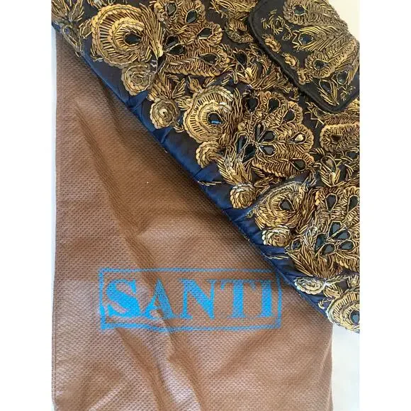 Santi Beaded Clutch Evening Bag Satin + Ornate Gold & Black Beading ~ Lovely - Picture 4 of 9